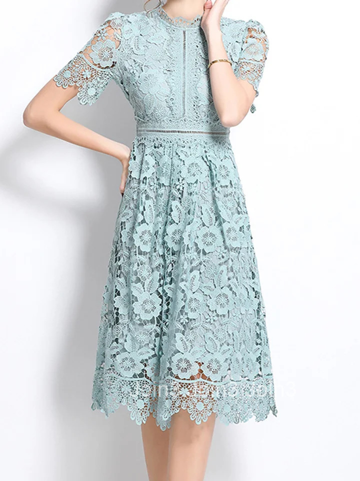 HAM Elegant Lace Hollow Out Midi Dresses Womens Summer O Neck Short Sleeve Casual Long Dress Party Vestidos