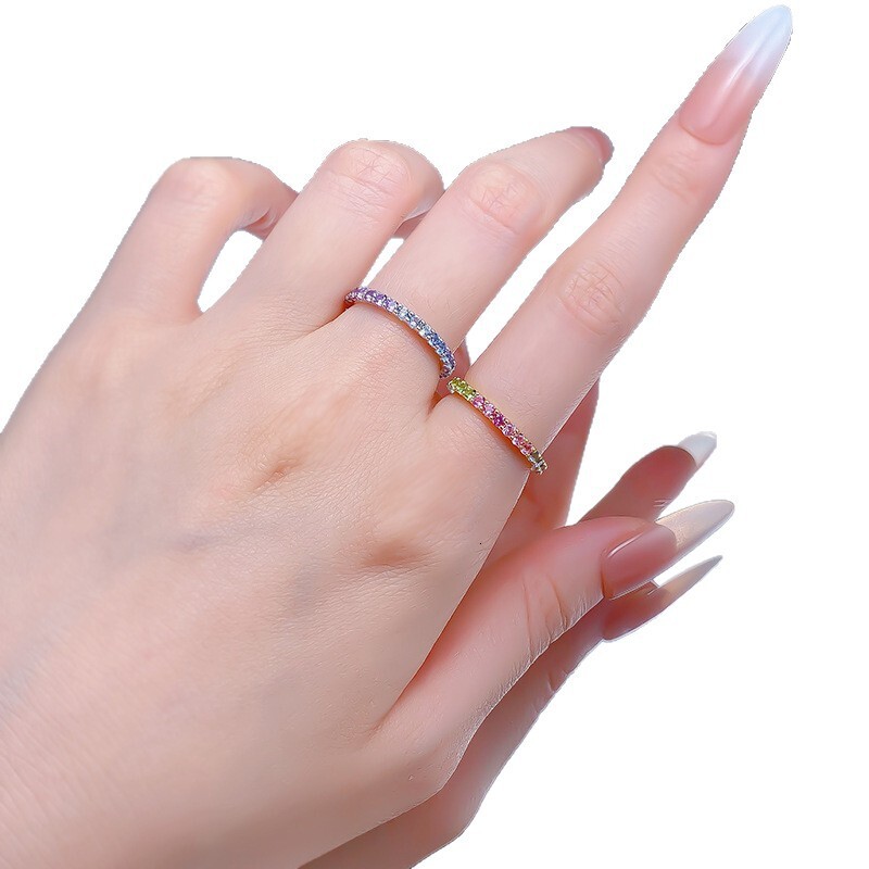 Hui Zhi Wing Jewelry S Silver Colorful Gem Lavender Gradient Color Row Bohemian Style Full mond Strip Ring