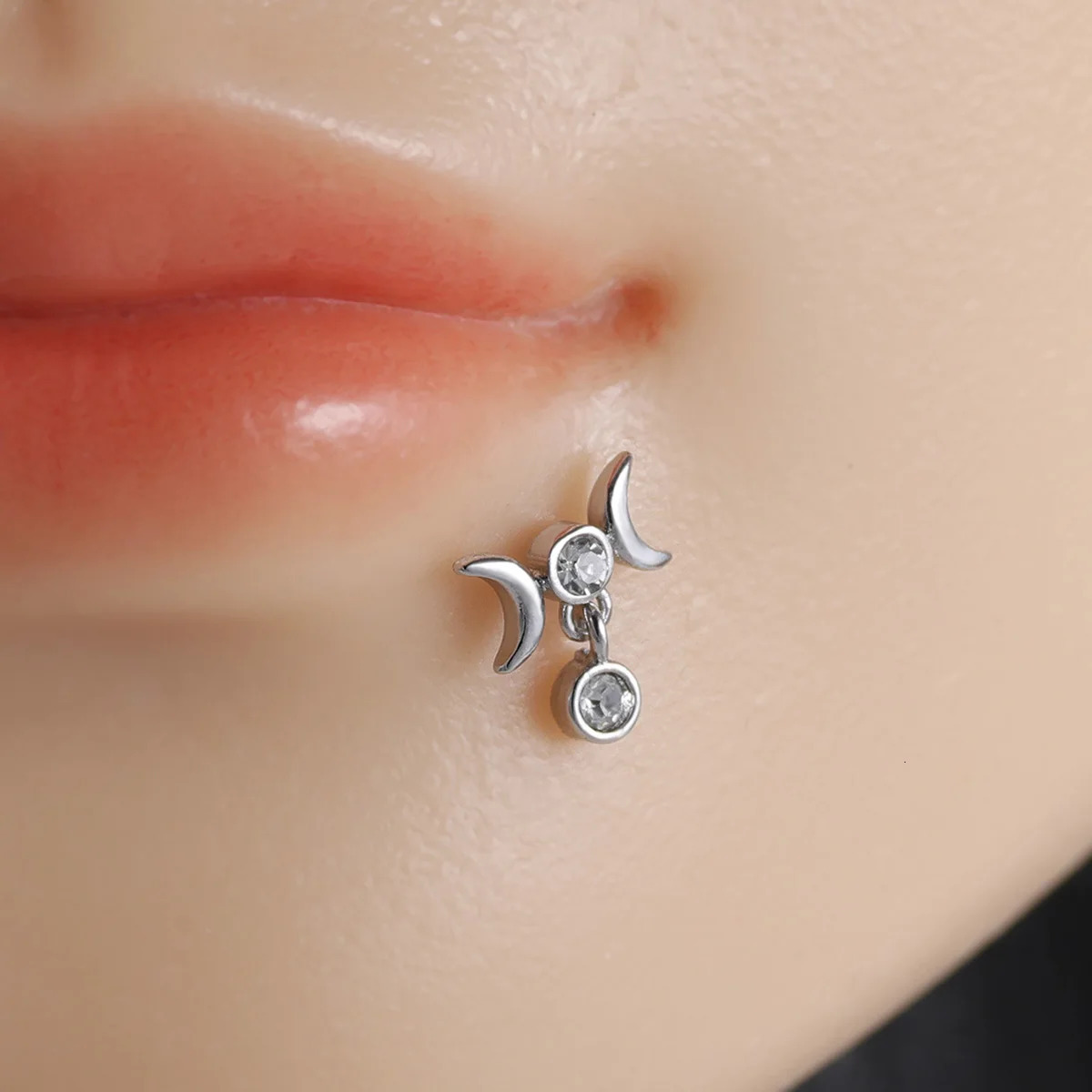 1pc Stainless Steel Rhinestone Lip Stud Crescent Pendant Cross Spider Fan Cartilage flat back Ear Stud Tragus Piercing Earrings 250805