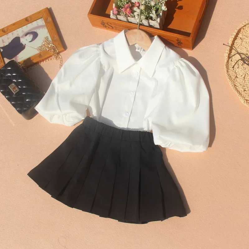 Korean Children Nine Point Sleeves White Blouses Toddler Girl Puff Sleeve Top Chiffon Summer Turn-down Collar Teen School Shirt X250806