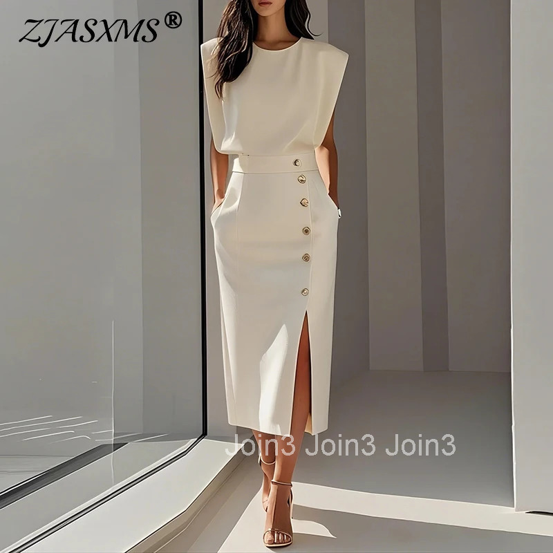 Summer Fashion O Neck Split Women Dress Elegant Solid Slim Button Party Dress Casual Sleeveless High Waisted Office Lady Dresses