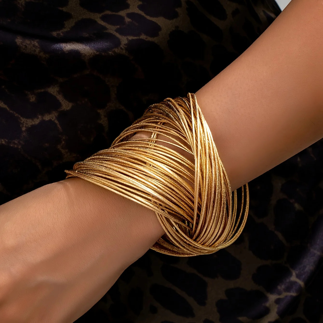 14K Golden Plated Punk-Inspired Layered Bracelet - Edgy Metallic Woven n for Women Ideal for Nightlife Parties Gifts 250805