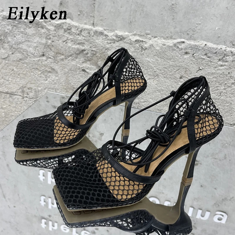 Eilyken Sexy Mesh Pumps Sandals Female Square Toe High Heel Lace Up Cross-Tied Stiletto Hollow Dress Shoes Zapatos Mujer 250731