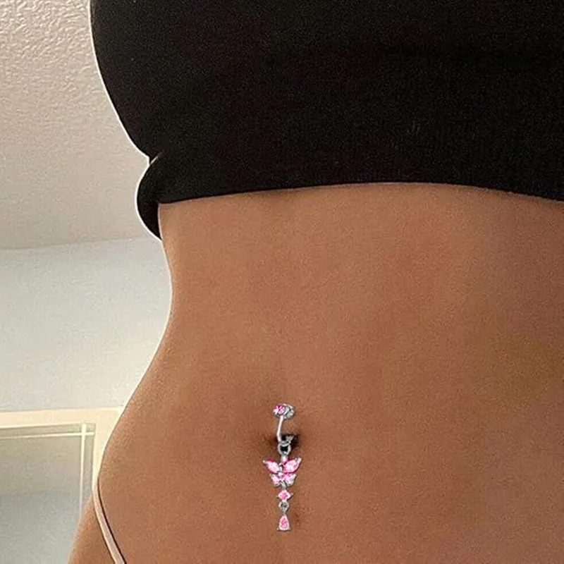 Clip On Belly Button Ring Butterfly Copper Zircon Pink Belly Piercing Umbilical Navel Body Jewelry Trendy Fashion Style 250805