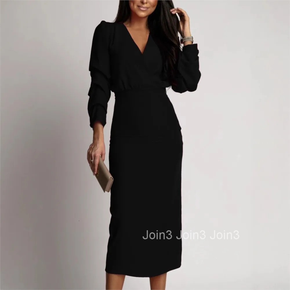 New Spring Autumn Solid Color Long Sleeve Elegant V-neck Evening Dress For Women Black Split Pencil Dress Vestidos De Mujer