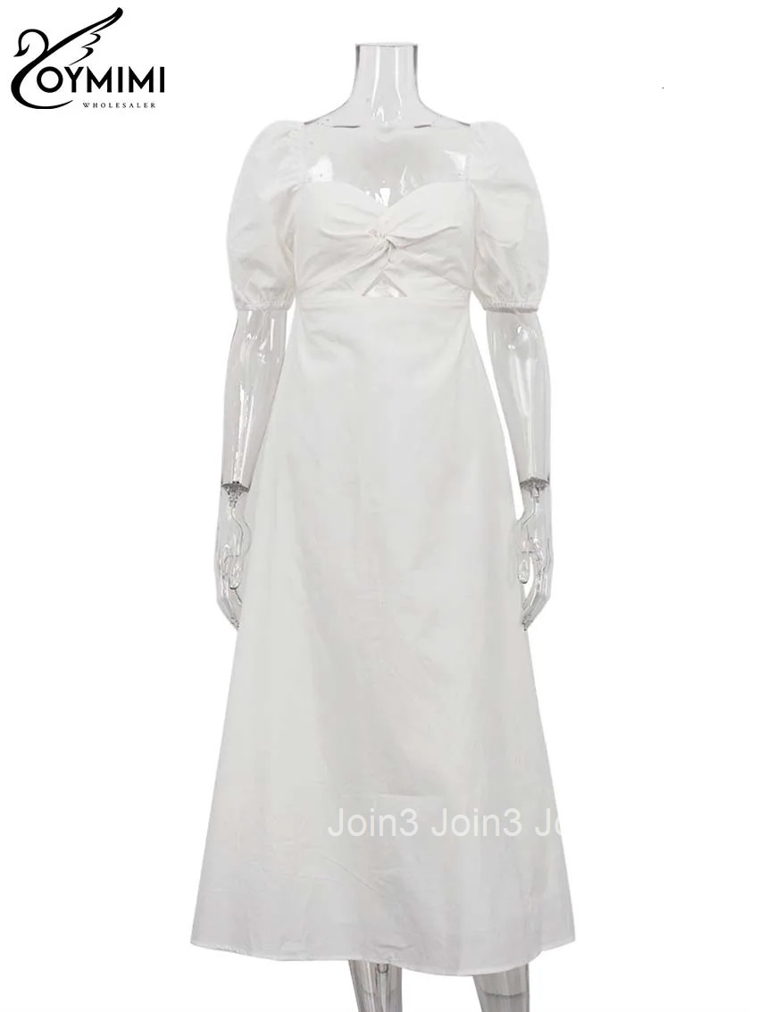 Fashion White Cotton Womens Dresses Elegant Short Sleeve V-Neck Hollow Out Dresses Autumn High Waisted Mid-Calf Dress