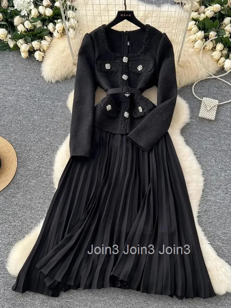 New Autumn Winter Tweed Patchwork Chiffon Long Dresses Womens Square Collar Diamonds Buttons Belt Vintage Pleated Robe Vestidos