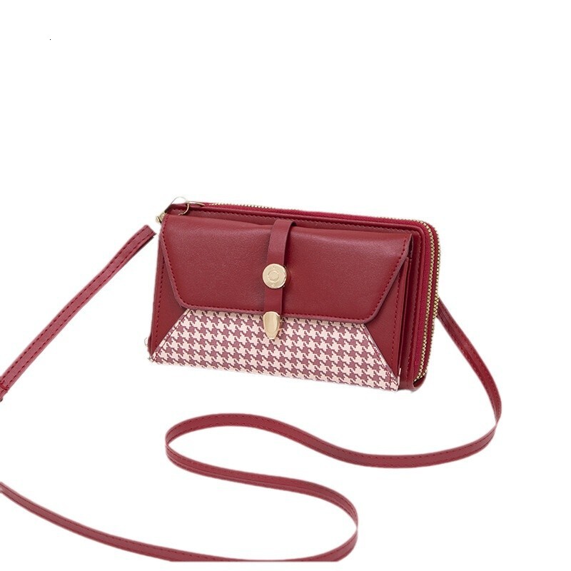 New Phone Bag for Women, Single Shoulder Crossbody, High-End Niche Houndstooth Bag, Large Capacity Double Zipper Wallet