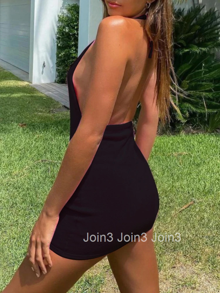 Sexy Spaghetti Strap Halter Neck Backless Bodycon Dress Women Solid Color Sleeveless Mini Dress Elegant Club Party Vestidos