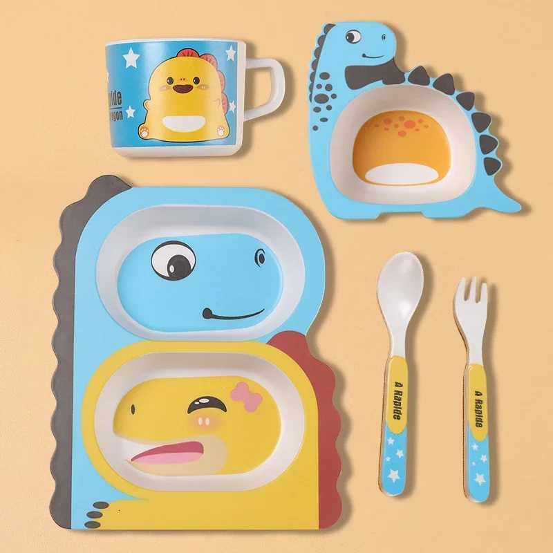 Cartoon Dinosaur Baby Feeding Plate Children Bamboo Fiber Tableware Tray Dish Bowl Fork Spoon Cup Food Training Dinnerware Set X250806