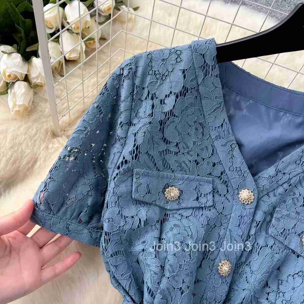 French v neck mesh PATCHWORK lace ruffle dress womens summer waist Single Breasted sweet dresses