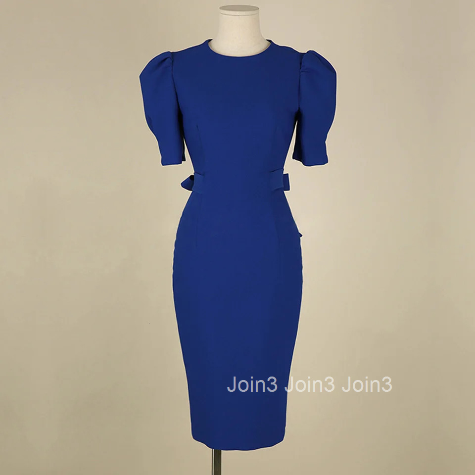 Blue Office Lady Dress Spring High Waist Pencil Fashion Simple Puff SleeveTemperament Women Elegant Party Dress Women