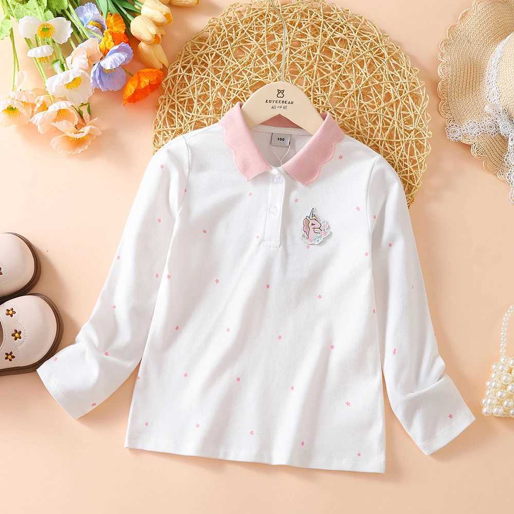 Girls Cotton Long Sleeve Polo Shirt White with Pink Collar and Cute Cartoon Patch Kids Fashion Top for Ages 2-6 X250806
