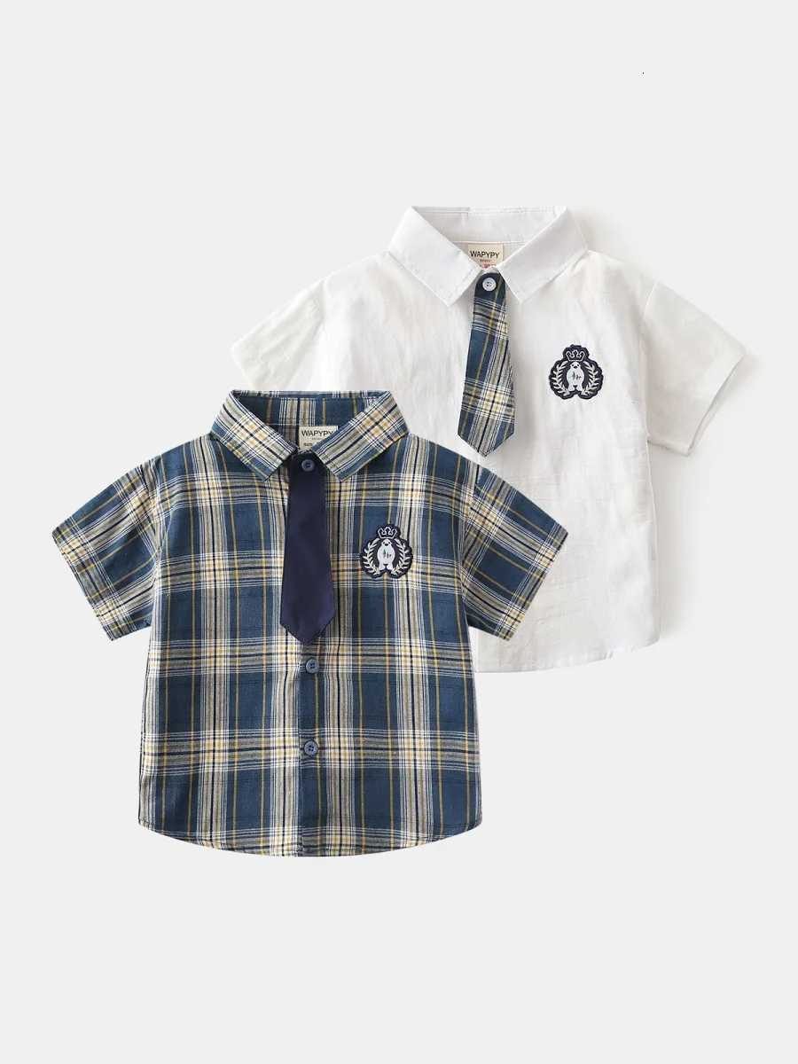 2025 Summer Boys Short-sleeved Shirt Children Square Neckline Plaid Shirt Baby White Cotton Casual Little Shirt X250806