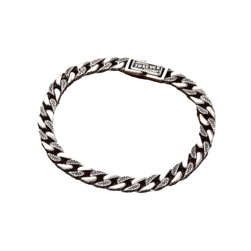 Retro Silver Made Old Cuban Bracelet Men's the Year of the Loong Gift Magnificent Simple Tang Grass Pattern Chain Width 7mm Factory Direct Sale