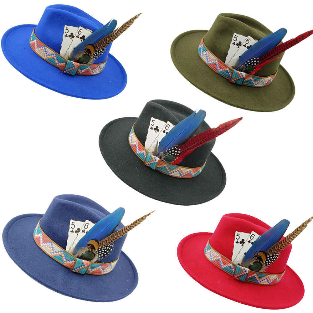 Feather Fedoras Hat Mens and Womens Black Felt Wide Brim Jazz Hat Gentlemens Hat Plum Blossom 8 Poker Card n Fedora Hat 240919