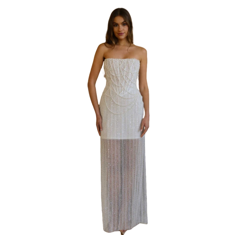 Beading Strapless Sheath Wedding Dresses Pearls Sequined Glitter Long Bridal Gowns Back Slit Corset Reception Dress For Women 2025