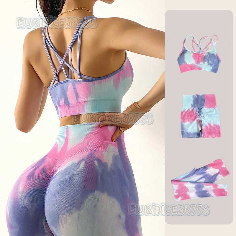 New Seamless Tie-dye Yoga Outfit Sports Set High Waist Hip-lifting Fitness Pants Double Strap Backless Bra Shorts H250806