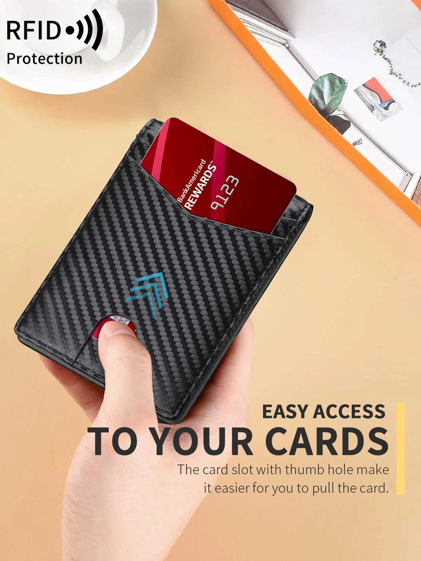 RFID Blocking Ultra-thin Trifold Wallet Carbon Fiber Pattern Portable Holder with 2 ID Windows and Multiple Card Slots XJ250806
