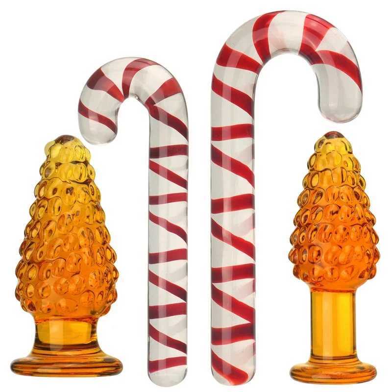 Glass Anal Butt Plug Christmas Gift G-spot Anal Masturbating Clear Sleek Candy Cane Dildo Christmas Decorations Erotic Toys XJ250806