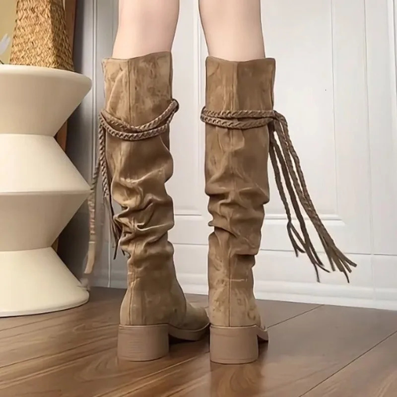 Womens Knee-high Boots High Quality Suede Cowhide Boot Retro Western Cowboy Boots for Women Fashion Knight Boot Botas Mujer2025 250805