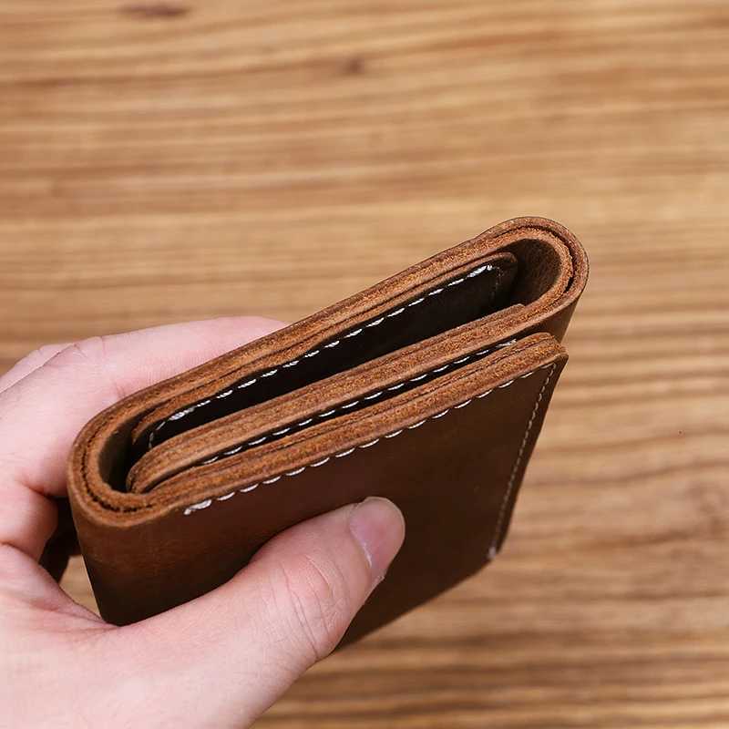 100% Genuine Leather Wallet for Men Male Cowhide Vintage Handmade Short Trifold Mens Purse with ID Holder Money Bag XJ250806