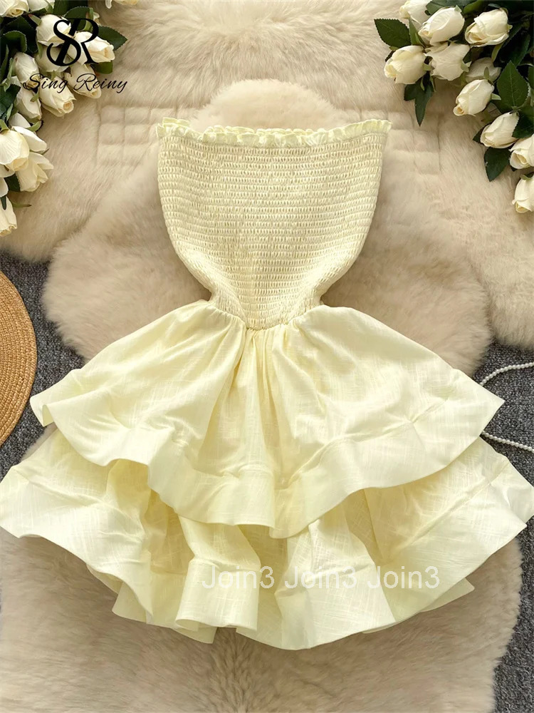 Strapless Ruffles Ball Gown Dress Ladies Sleeveless Elastic Slim Fit Backless Dress Fashion Birthday Party Sundress