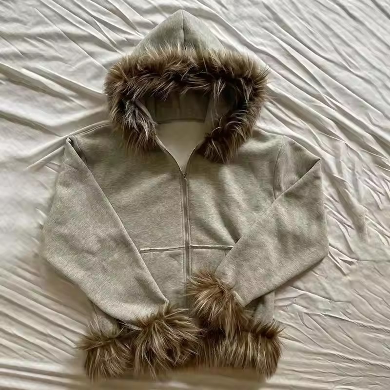 Mens Grunge Goth Y2K Zipper Hoodie Plush Splicing Hat Casual Loose Street Clothing Harajuku Fashion Hoodie Sportswear 241213