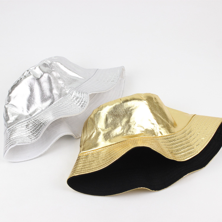 Stage Wear female Harajuku woman two-sided fisherman's hat in gold and silver lacquer leather and black and white basin hat