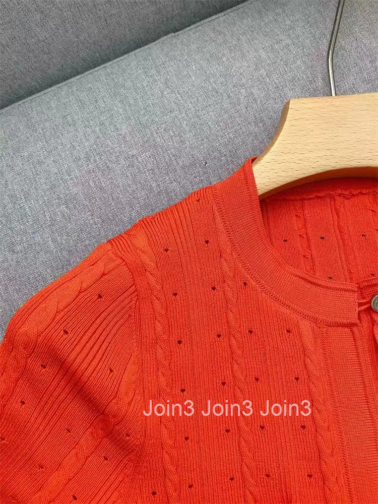 Orange Single-breasted Knitted Long Dress Women Spring Summer New Fashion O-Neck Elegant Slim Short-sleeved Dresses