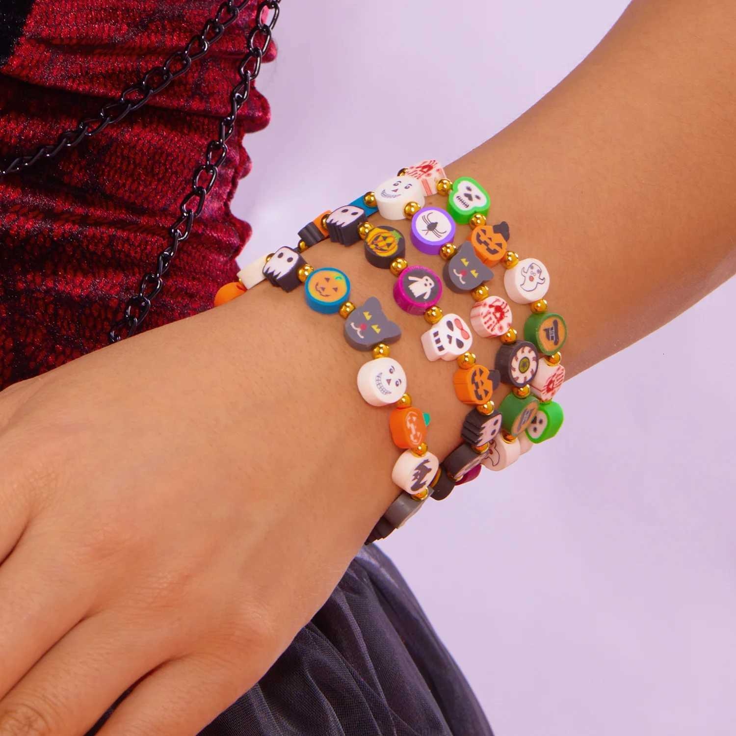 Halloween Cute Cartoon Pumpkin Ghost Skull Beaded Bracelet for Women Men Kids Resin Charm Jewelry Festival Family Gift W250807