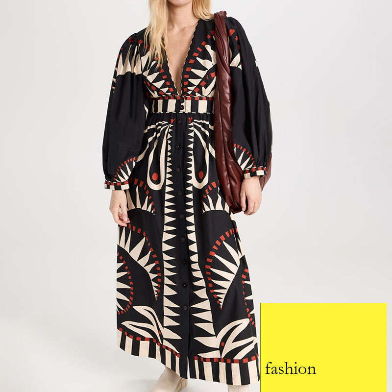 New Printed Long Fashion V-Neck Lantern Sleeve Dress For Women B5 h7