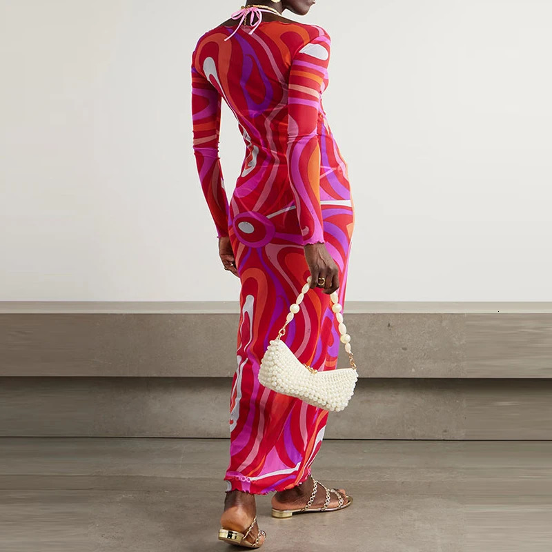 Red Printed Long Sleeved Yacht Dress Elegant Oneck High Waist Slim Fitting Robe Vacation Wrap Hip Straight Dresses 250807