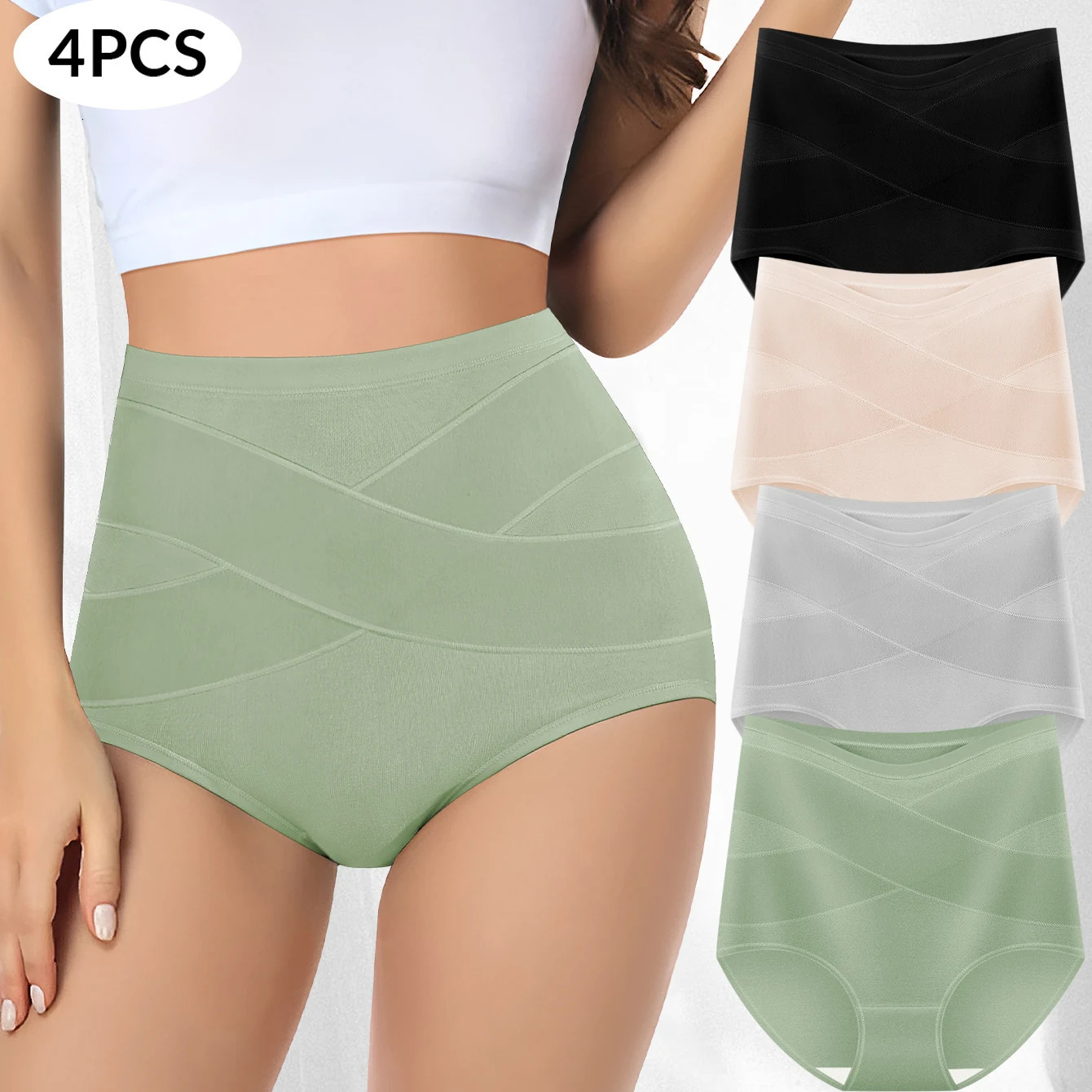 4pcs High Waisted Womens Panties Comfortable Cotton Cross Tummy Tuck Breathable Skin Friendly Drawstring Triangle Pants 250807