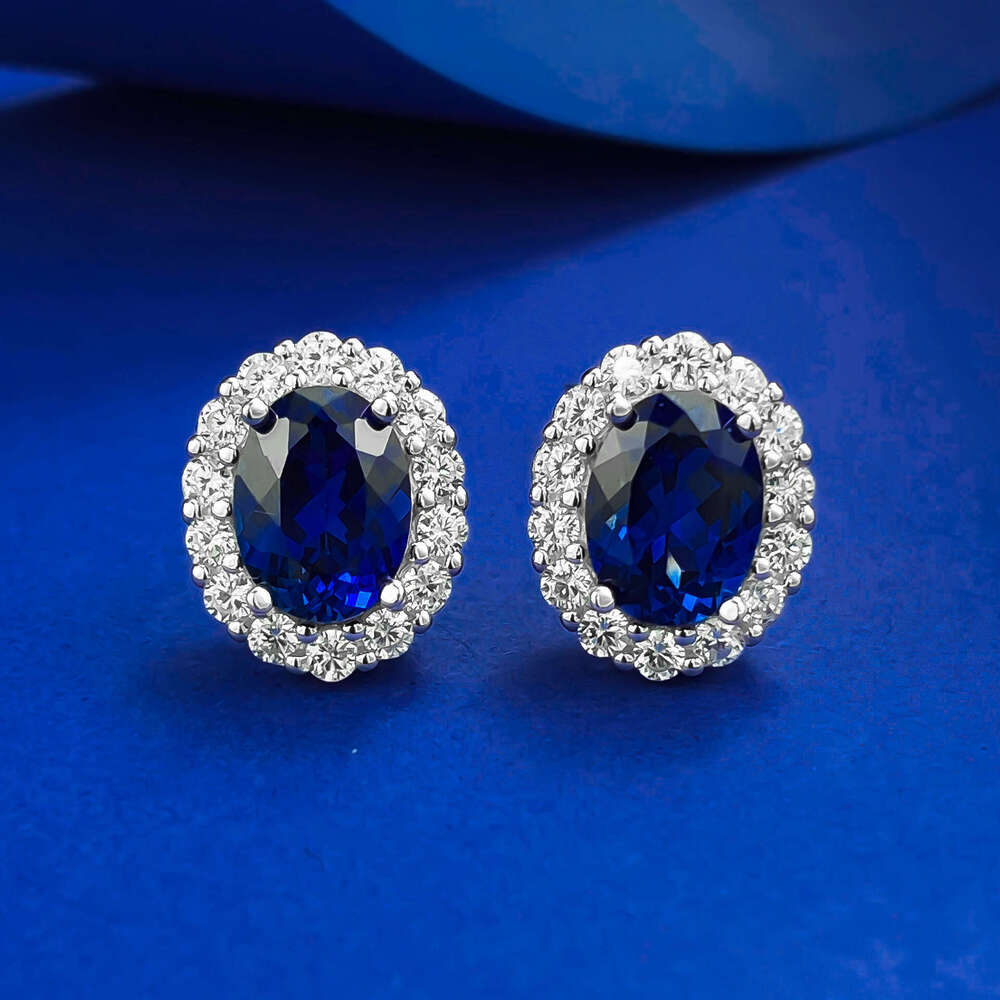 Mujing Jewelry S Sier Pigeon Blood Red 6*8mm Oval Blue Corundum Stud Fashionable Daily Versatile Earrings