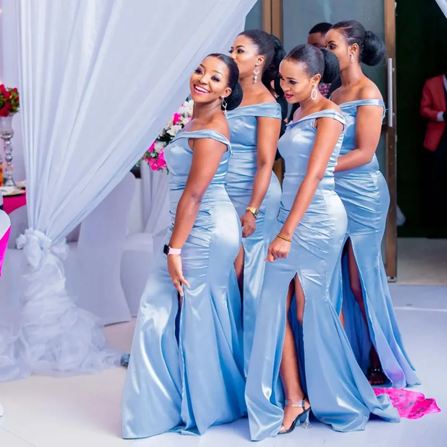 Skyblue Mermaid Bridesmaid Dresses Off Shoulder High Split Elastic Satin Sexy Promdress Abito Donna Cerimonia Gowns Formal Evening Gown Wedding Guest 