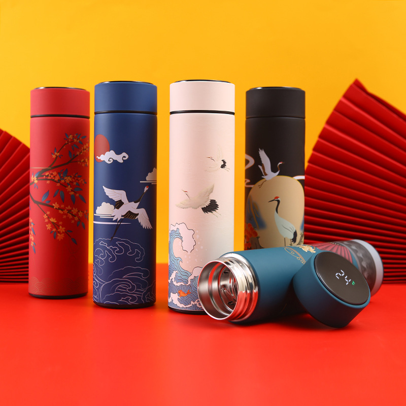 17oz 1pc Chinese Style Thermal Bottle Retro Smart Temperature Display Insulated Cup 17 oz Stainless Steel Tumblers Water Bottles 500ML W260226
