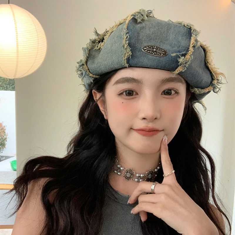 Original Retro Denim Berets Cs for Women 2024 Spring and Summer New Travel Fashion Versatile Big Head Octagonal Hats Men XJ250807
