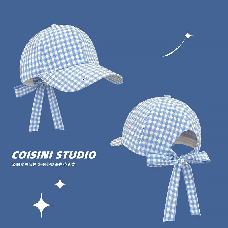 Japanese Blue Plaid Bow Baseball Cap Female Korean Version Casual Versatile Big Size Sunshade Hard Top Sun Baseball Cap 250730
