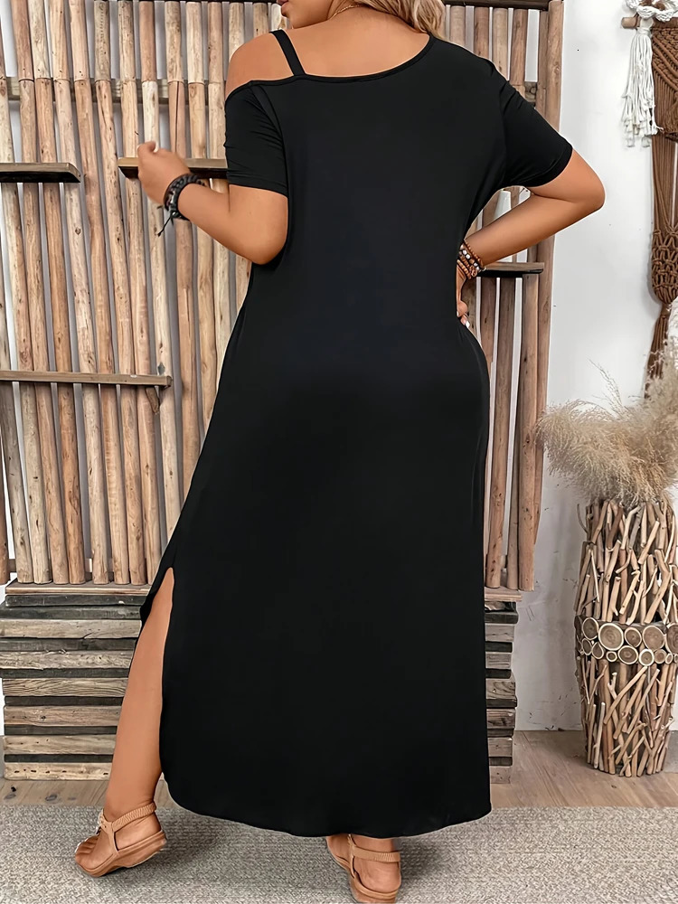Plus Size Dress Elegant Slit Metal Buckle Single Shoulder Short Sleeve Big Womens Home Office Dating 250807
