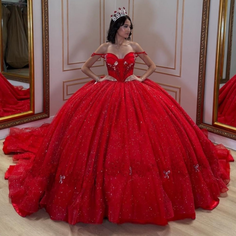Red Shiny Quinceanera Dresses Ball Gown Off The Shoulder Applique Beading Tull Party Birthday Sweet 16 Dress Vestidos De 15 Anos