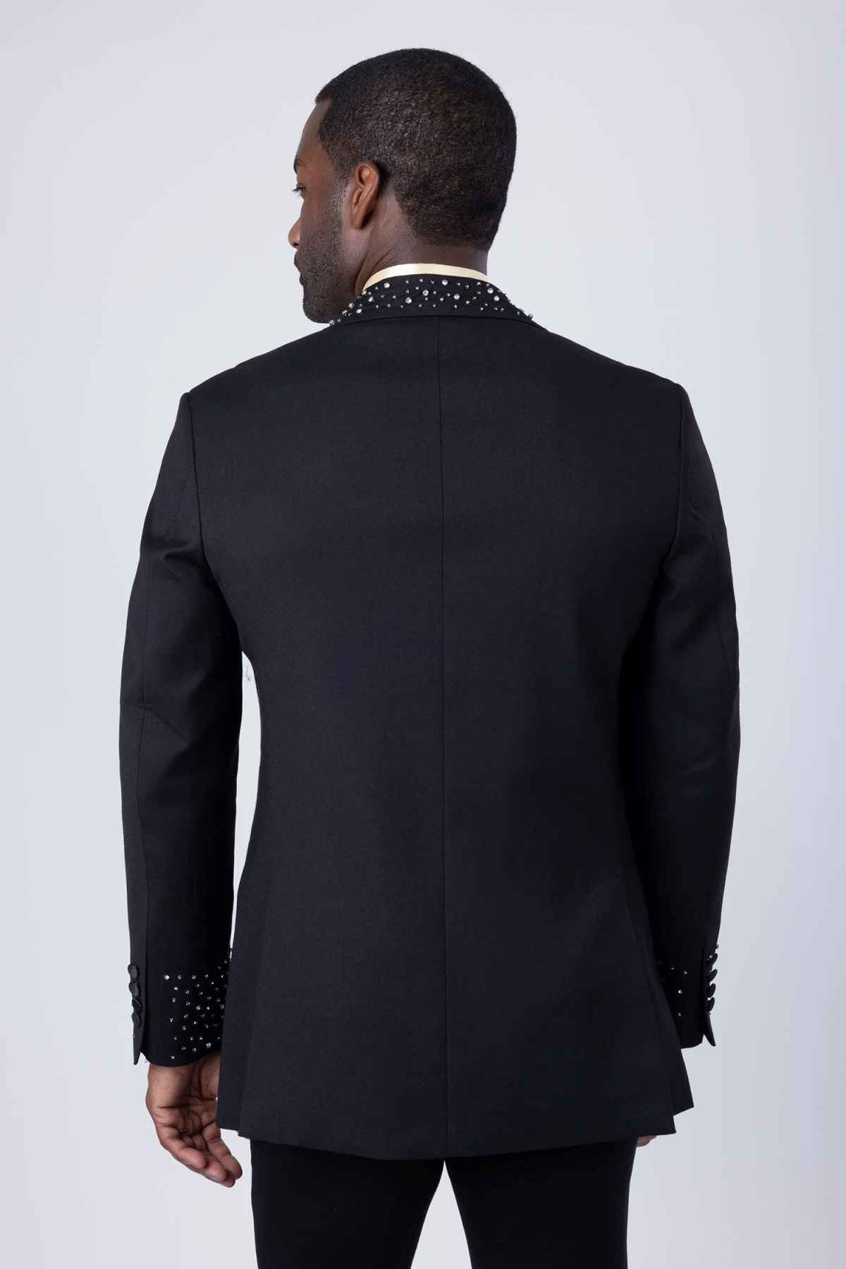 Shiny Embroidered Beaded Men Suits 2 Pieces Peaked Lapel Wedding Groom Tuxedos Prom Party Customized