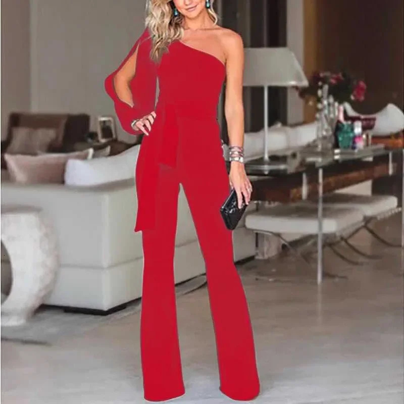 womens single shoulder high waistband solid color slim fit sexy jumpsuit fashionable and versatile 250807