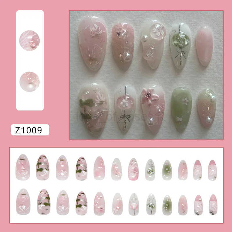 24pcs Sweet Almond Fake Nail Tips Hand-painted Flower Pearl Pattern Blush Pink Press-on Nails Gentle Ins Style False Nails Z250807