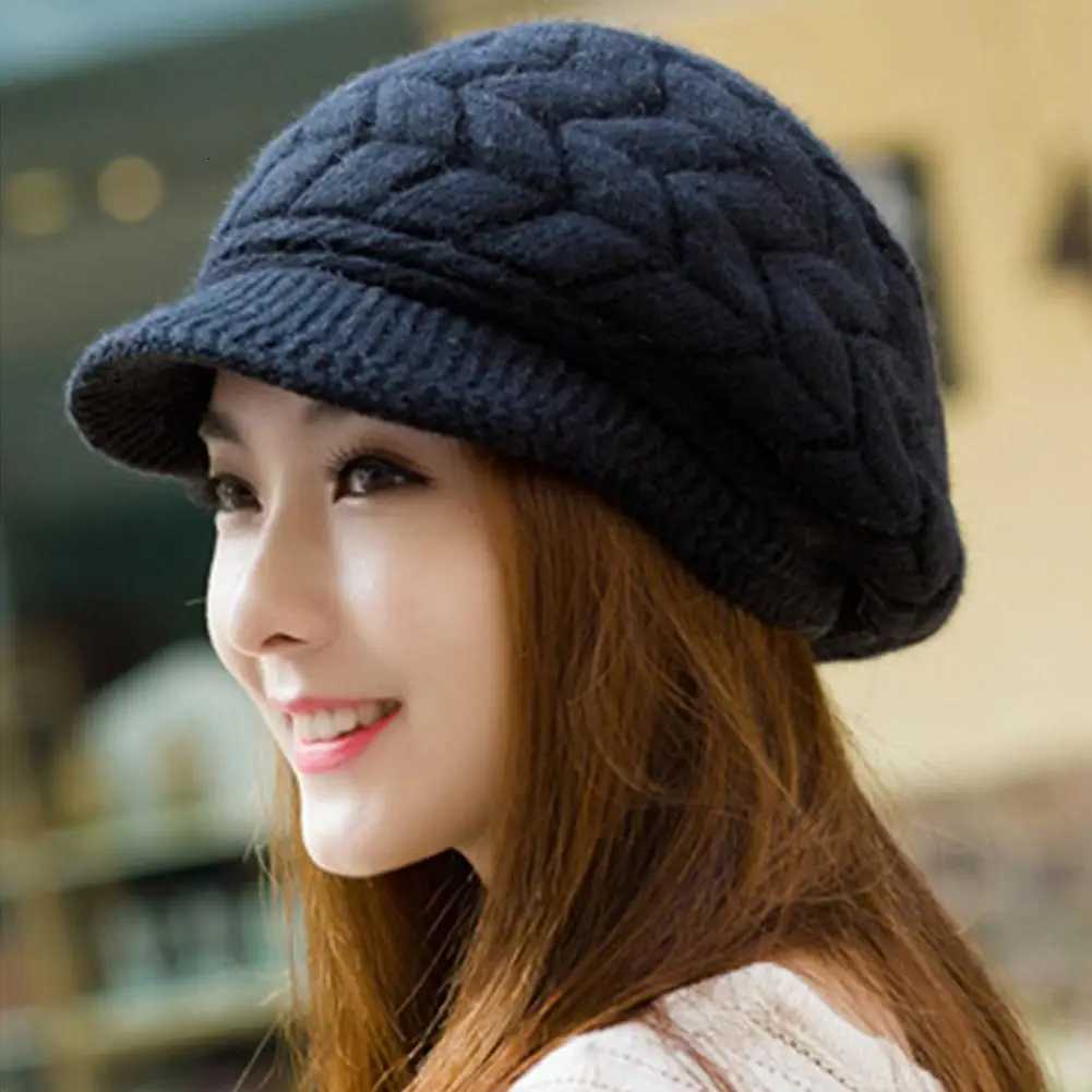 Womens Winter Solid Color Warm Knitting Loose Beret Leisure Ski C Korean Version Beret Plus Velvet Thick Knitting Ear C XJ250807