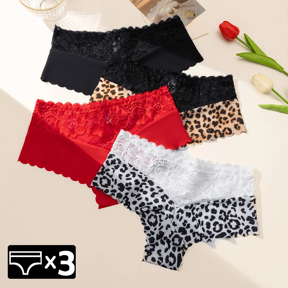 Womens 3 Pieces Panties Sexy Leopard Lace Lingerie Woman Underwear Ladies Underpants Solid Color Clothing Knickers 250807