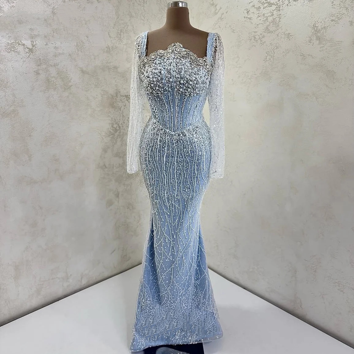 Sparkly Evening Dresses For Women Square Neck Long Sleeves Gown Crystal Pearls Sequins Sweep Train Dress Party Customized Dress