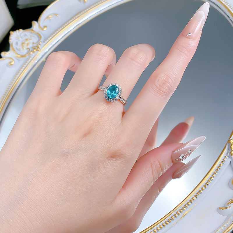 Hui Zhi Wing Jewelry New S Silver Inlaid 1.5 Paraiba Greenish Bottom Ring for Women Daily Wear