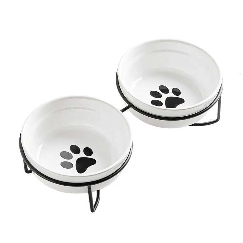 Cute Paw Print Cat Bowl Cartoon Pet Ceramic Bowl Iron Frame Double Bowl Dog Cat Universal High Quality Non-slip Bowl Pet Feeder Y250806