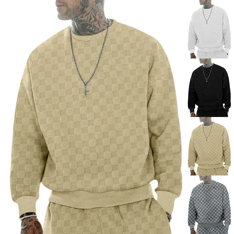 Crossborder mens clothing autumn and winter heavy jacquard checkerboard round neck casual bottoming shirt knitted long sleeves 250807